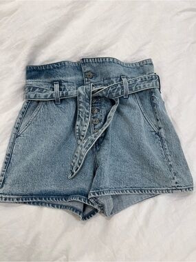 GRLFRND Light Blue High-Rise Paperbag Denim Shorts with Tie